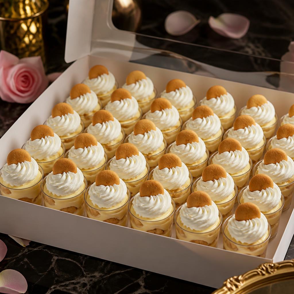 Box of Banana Bliss pudding shooters topped with Nilla wafers