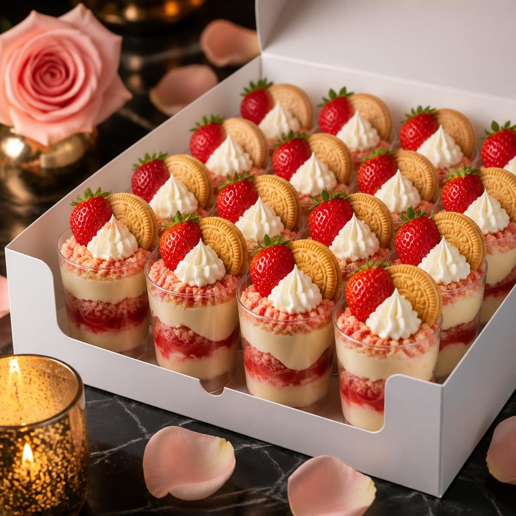 Box of Strawberry Craze pudding shooters topped with fresh strawberries and golden cookies