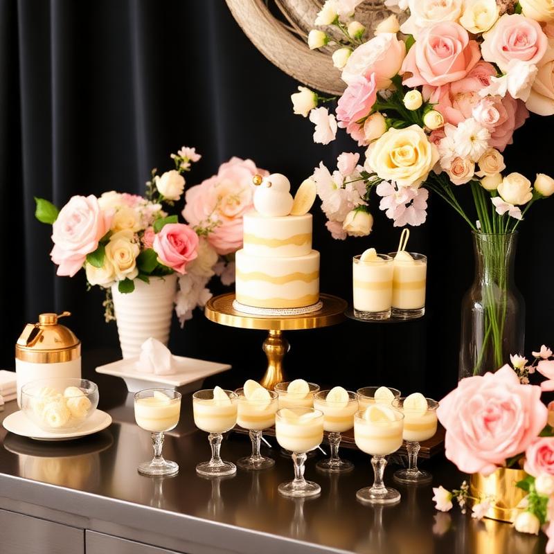 Luxury dessert table with pudding cups, flowers and gold accents