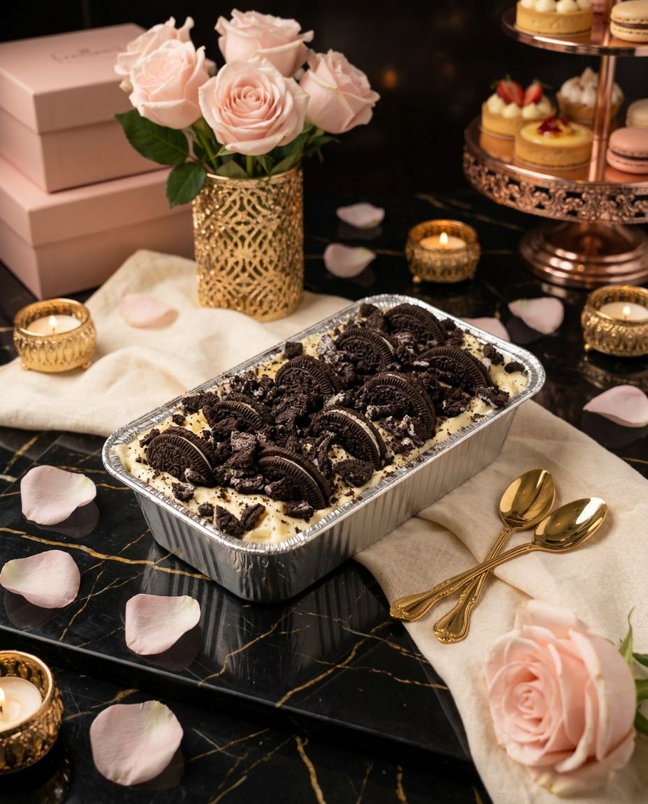 8x4 Oreo Craze banana pudding pan in a luxury boutique setting